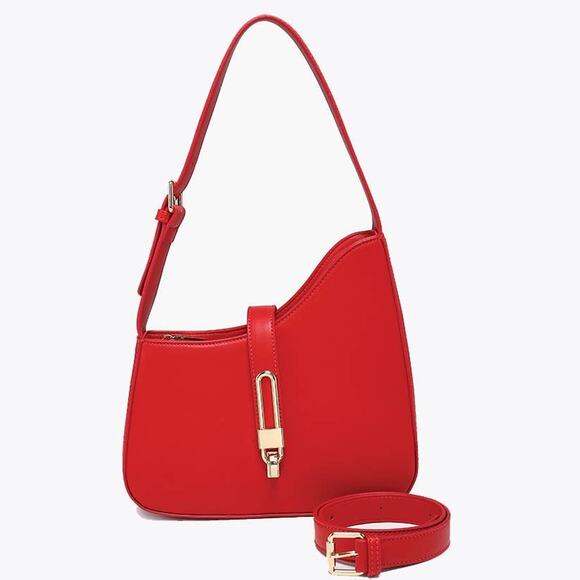 Havana Asymmetrical Shoulder Bag with Lock Cherry Red - Picture 1 of 3